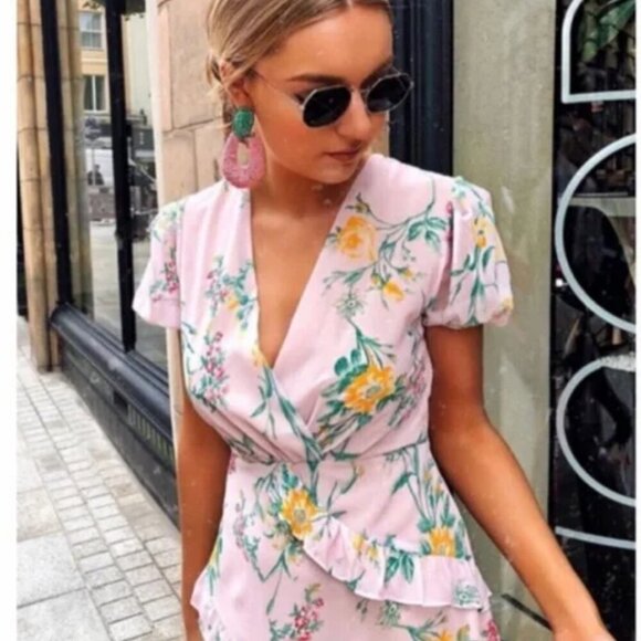 Zara Floral Ruffle Wrap Dress with Puff Sleeves, Size XS NWT - Picture 8 of 12